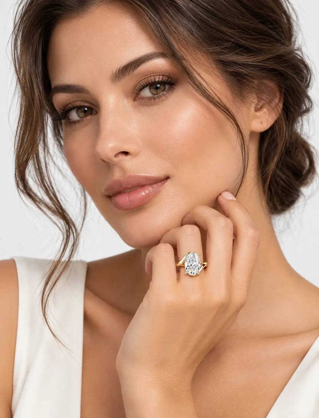 IGI Certified Lab Grown Oval Diamond Bypass Twist Solitaire Engagement Ring in Gold & Platinum