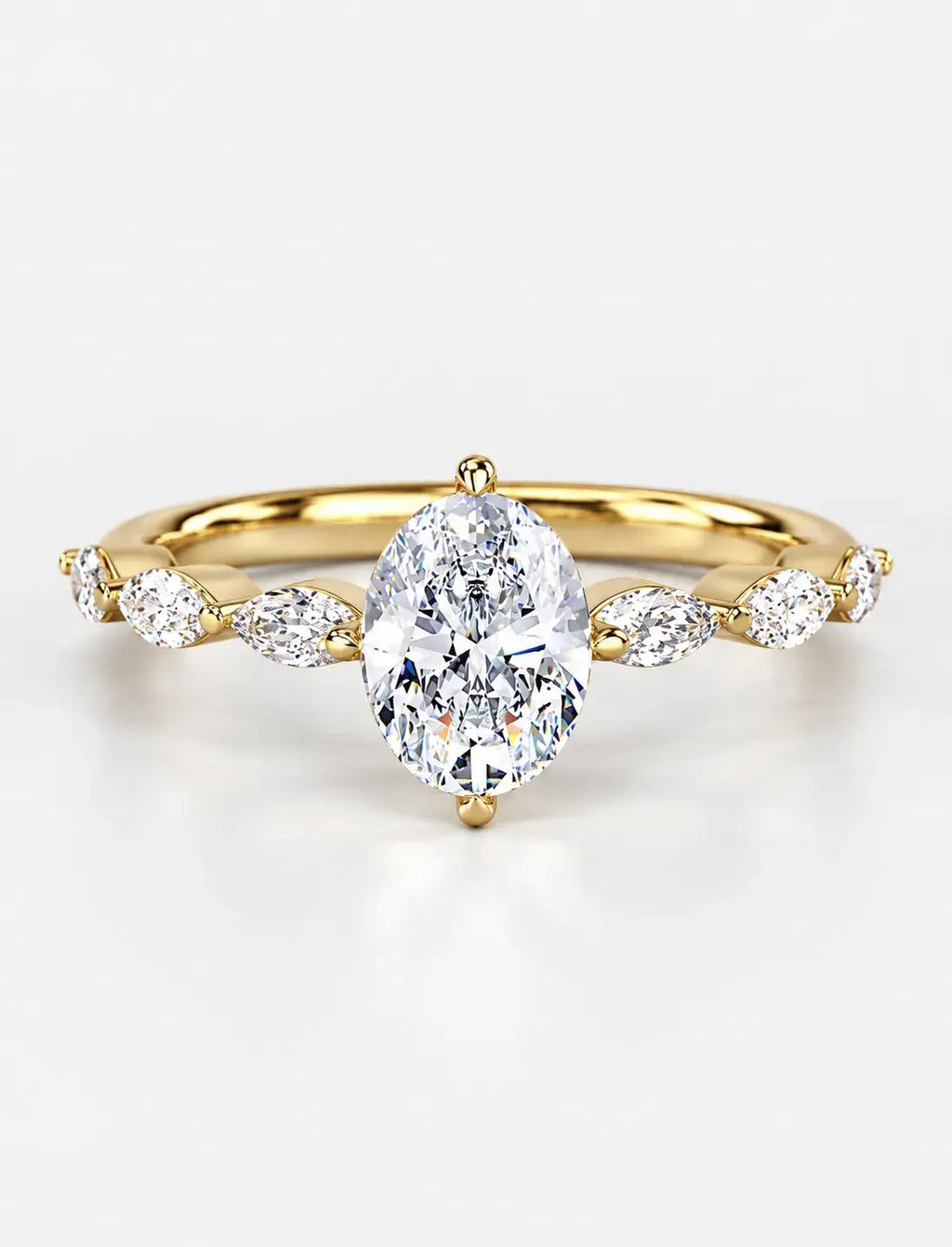 IGI Certified Lab Grown Oval Cut Diamond Solitaire Ring with Alternating Marquise & Round Accent Band in Gold & Platinum