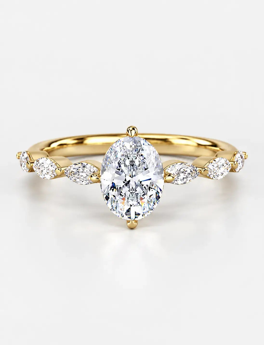 IGI Certified Lab Grown Oval Cut Diamond Solitaire Ring with Alternating Marquise & Round Accent Band in Gold & Platinum