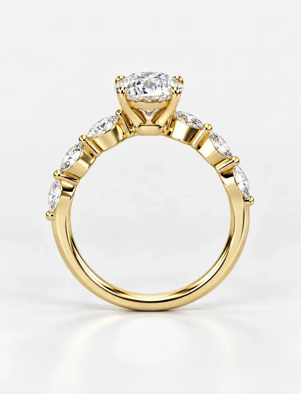 IGI Certified Lab Grown Oval Cut Diamond Solitaire Ring with Alternating Marquise & Round Accent Band in Gold & Platinum