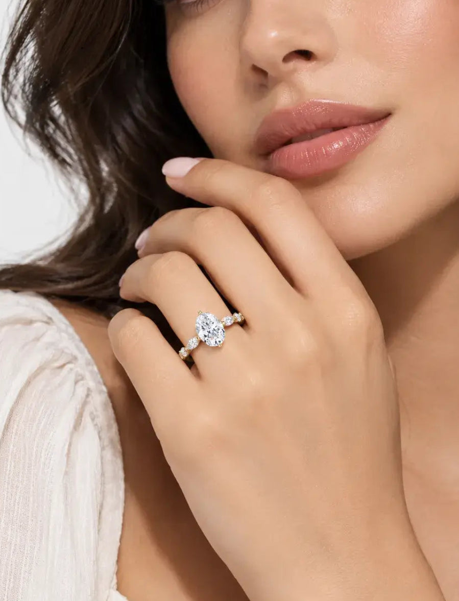 IGI Certified Lab Grown Oval Cut Diamond Solitaire Ring with Alternating Marquise & Round Accent Band in Gold & Platinum