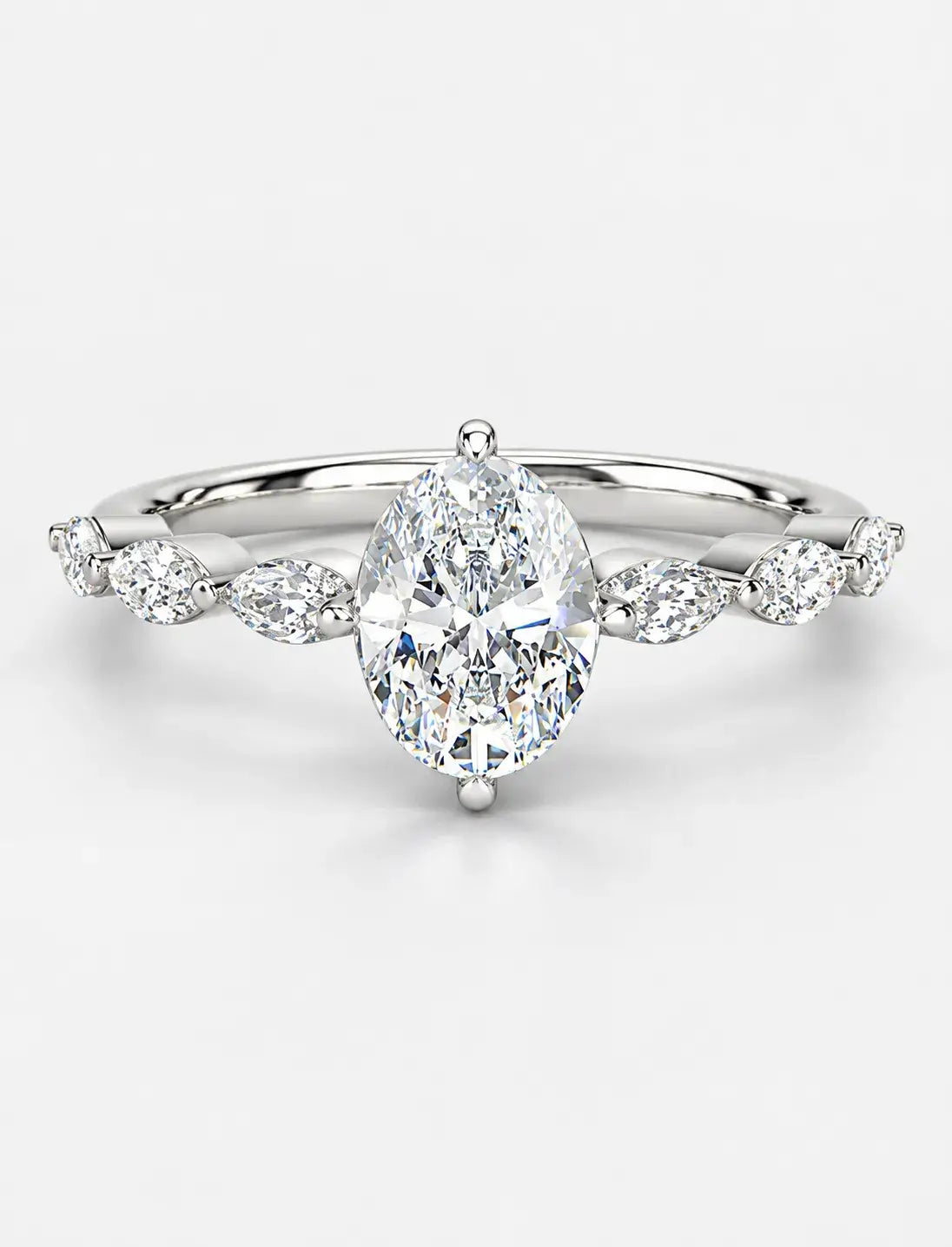 IGI Certified Lab Grown Oval Cut Diamond Solitaire Ring with Alternating Marquise & Round Accent Band in Gold & Platinum