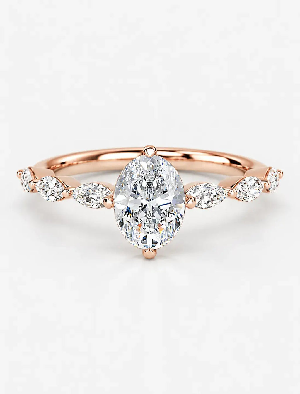 IGI Certified Lab Grown Oval Cut Diamond Solitaire Ring with Alternating Marquise & Round Accent Band in Gold & Platinum