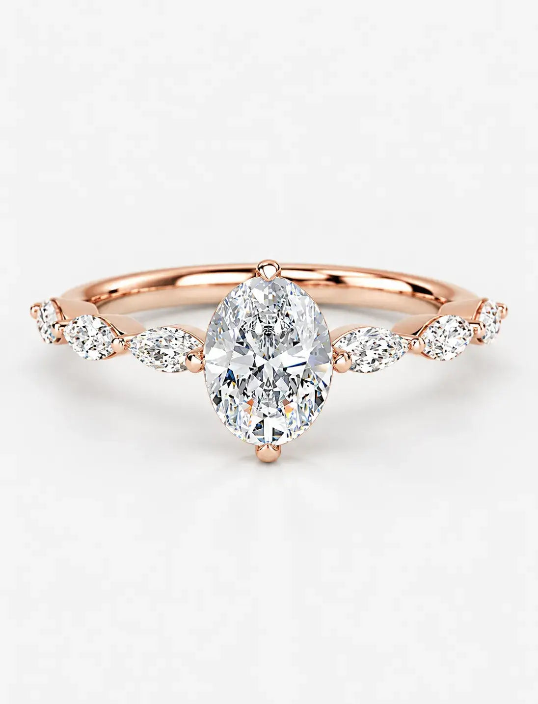 IGI Certified Lab Grown Oval Cut Diamond Solitaire Ring with Alternating Marquise & Round Accent Band in Gold & Platinum