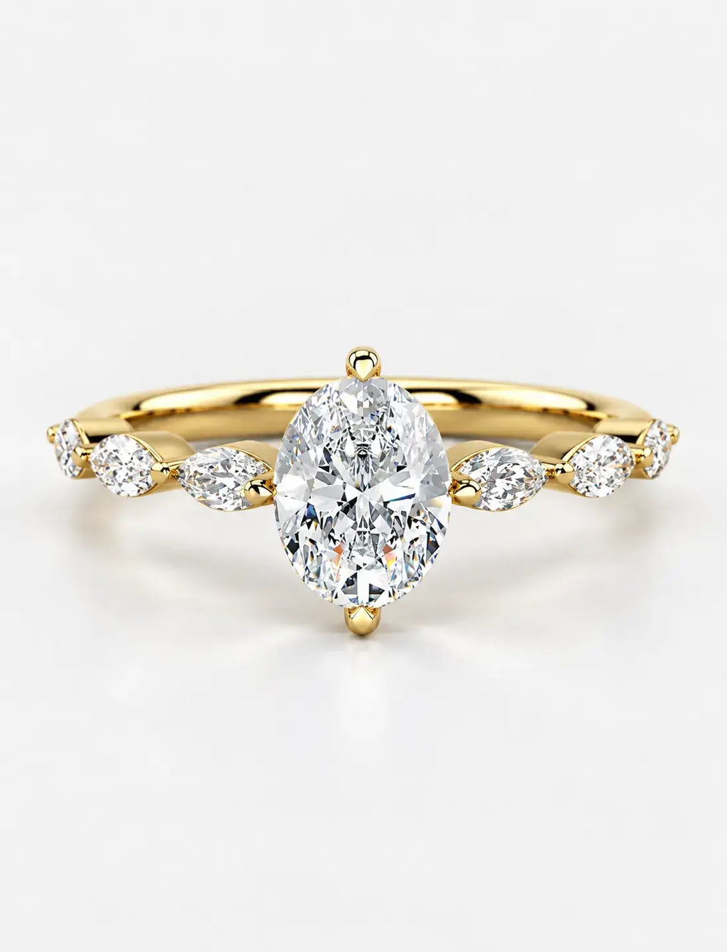 IGI Certified Lab Grown Oval Cut Diamond Solitaire Ring with Alternating Marquise & Round Accent Band in Gold & Platinum