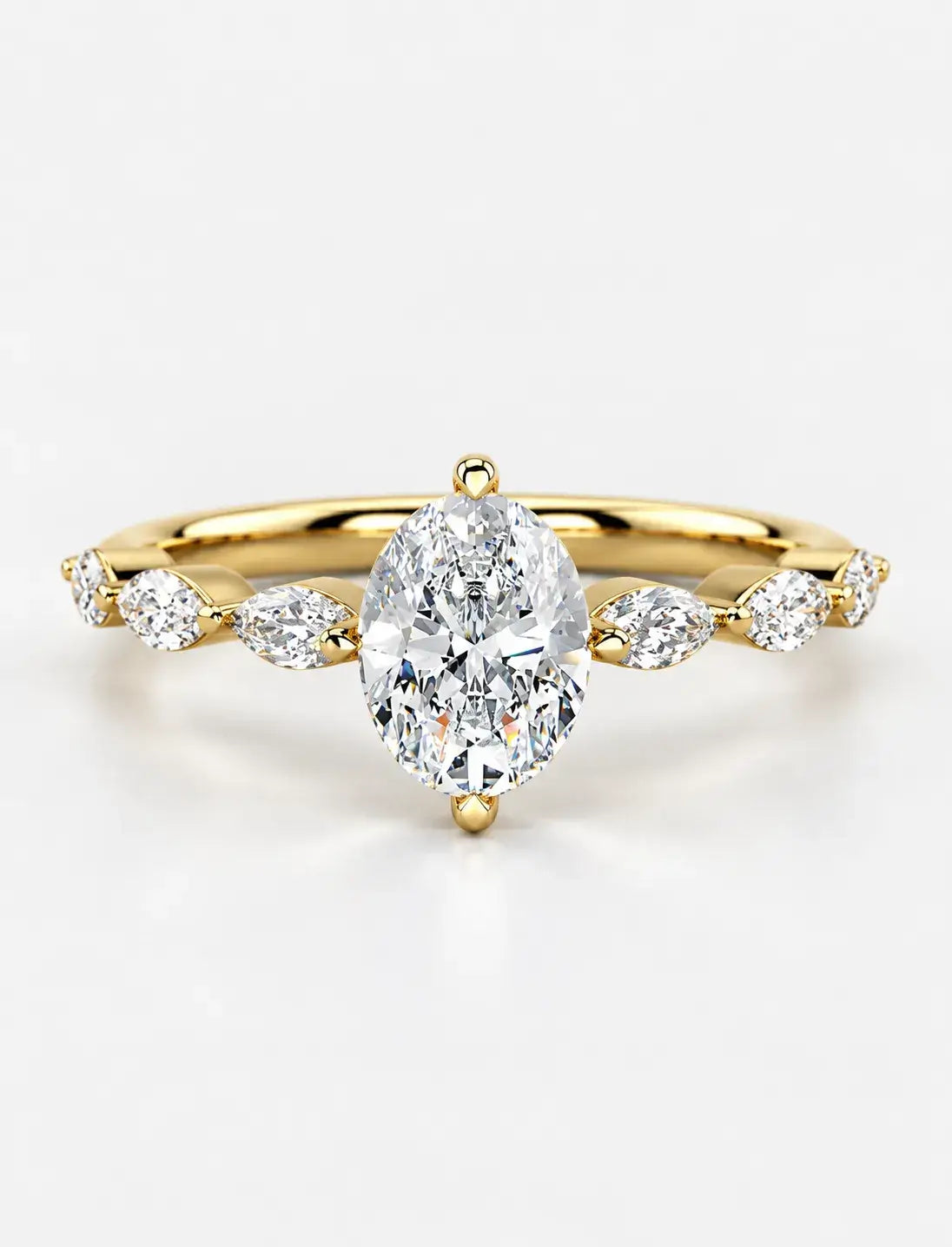 IGI Certified Lab Grown Oval Cut Diamond Solitaire Ring with Alternating Marquise & Round Accent Band in Gold & Platinum