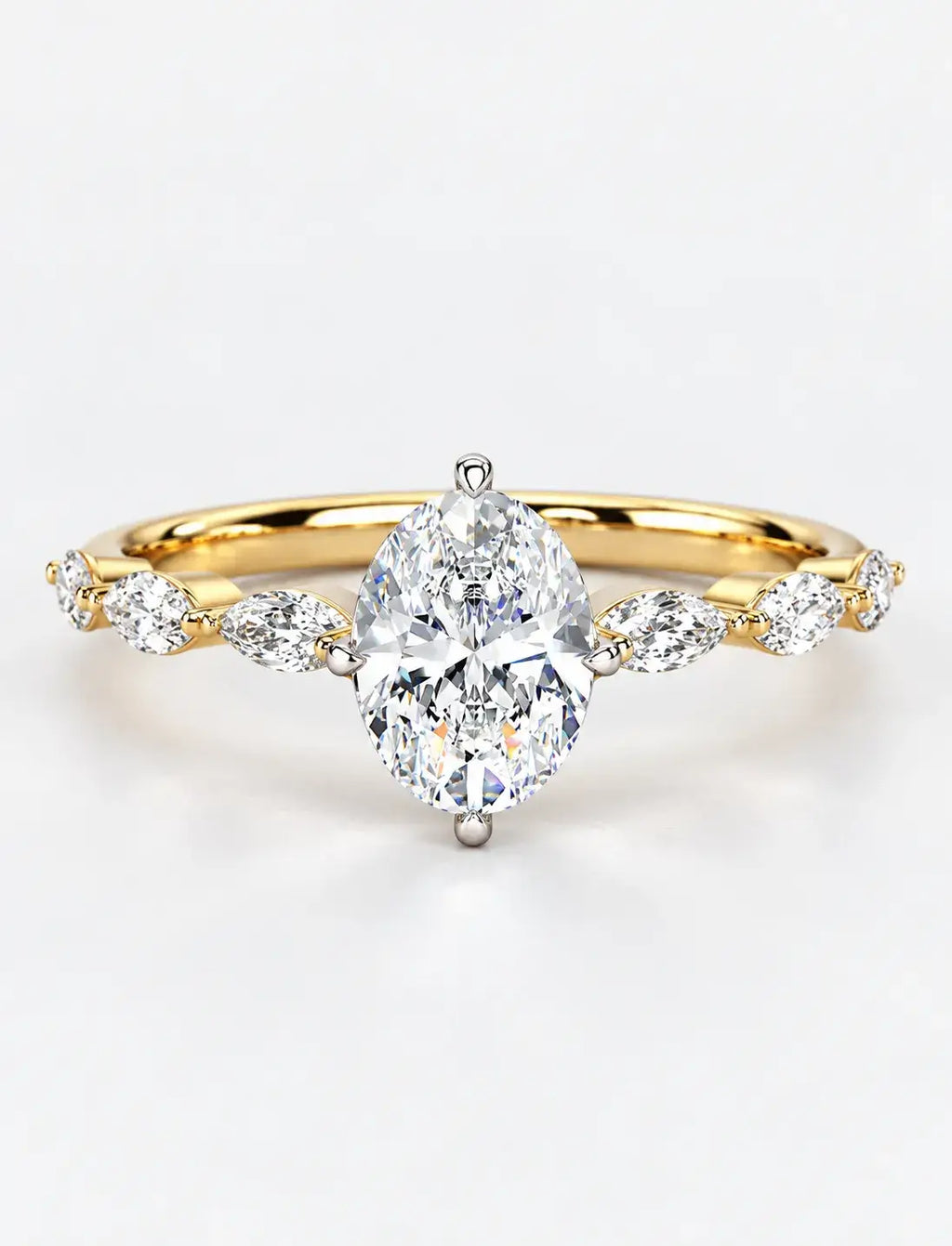 IGI Certified Lab Grown Oval Cut Diamond Solitaire Ring with Alternating Marquise & Round Accent Band in Gold & Platinum