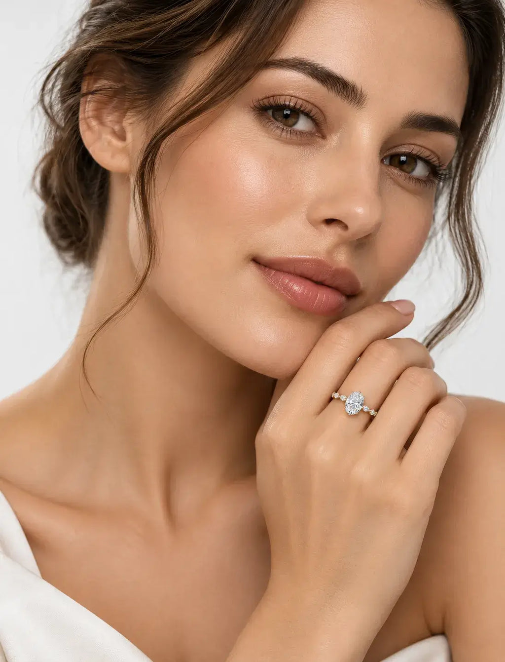 IGI Certified Lab Grown Oval Cut Diamond Solitaire Ring with Alternating Marquise & Round Accent Band in Gold & Platinum