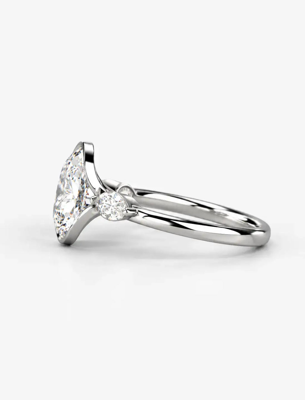 IGI Certified Lab Grown Oval Bezel Three-Stone Diamond Engagement Ring with Marquise Accents in Gold & Platinum