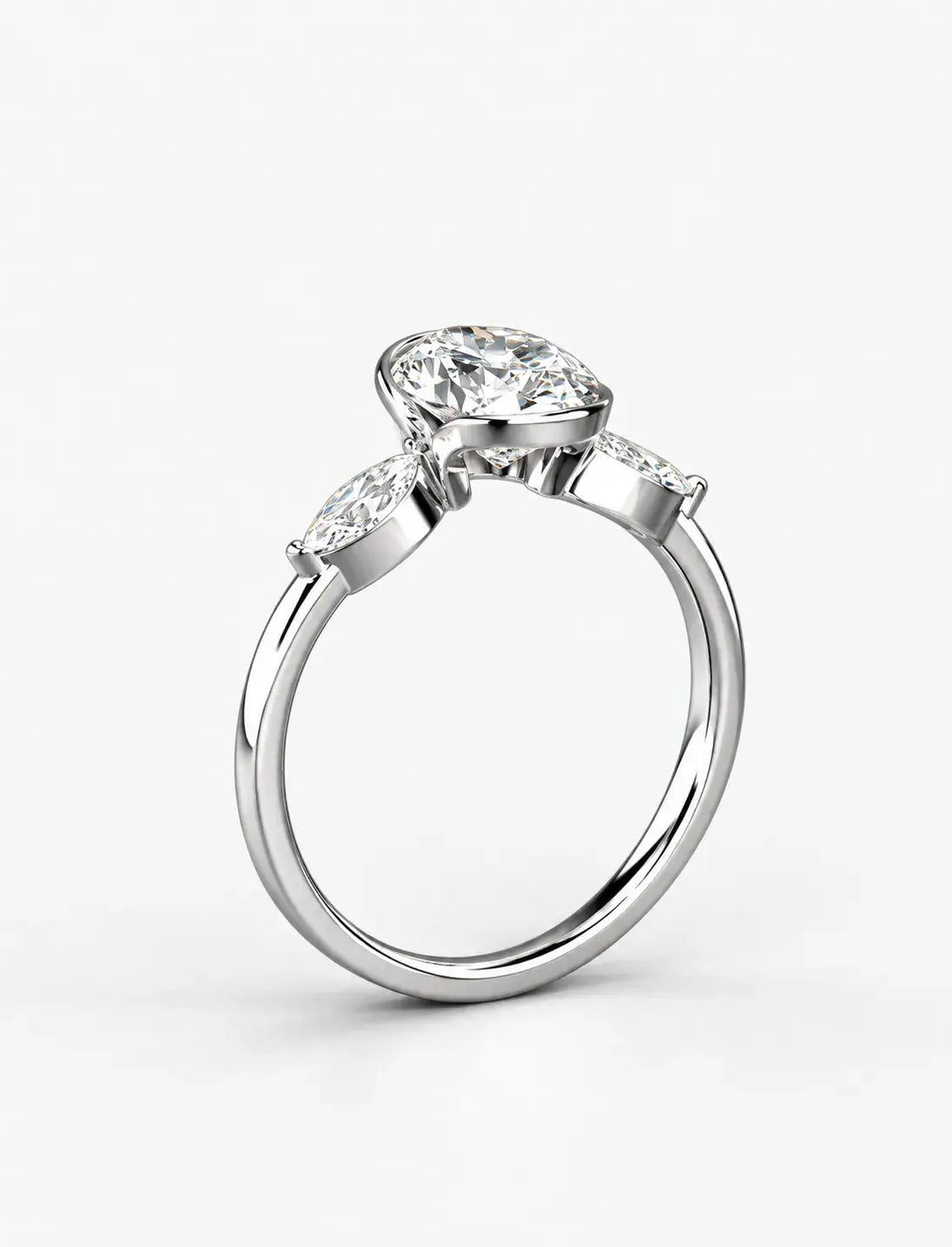 IGI Certified Lab Grown Oval Bezel Three-Stone Diamond Engagement Ring with Marquise Accents in Gold & Platinum