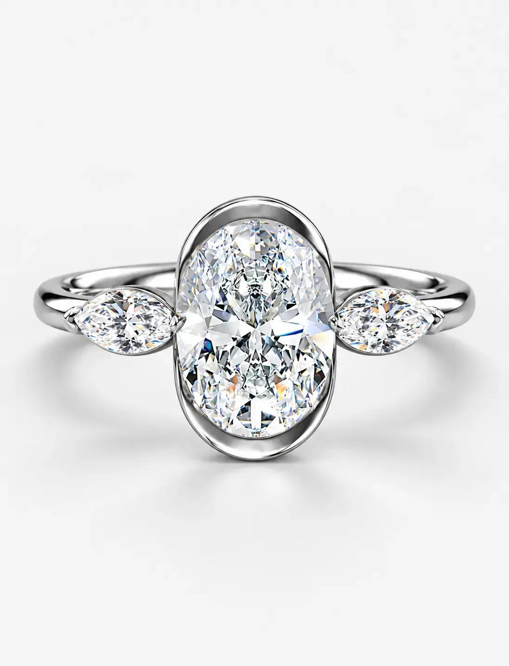 IGI Certified Lab Grown Oval Bezel Three-Stone Diamond Engagement Ring with Marquise Accents in Gold & Platinum