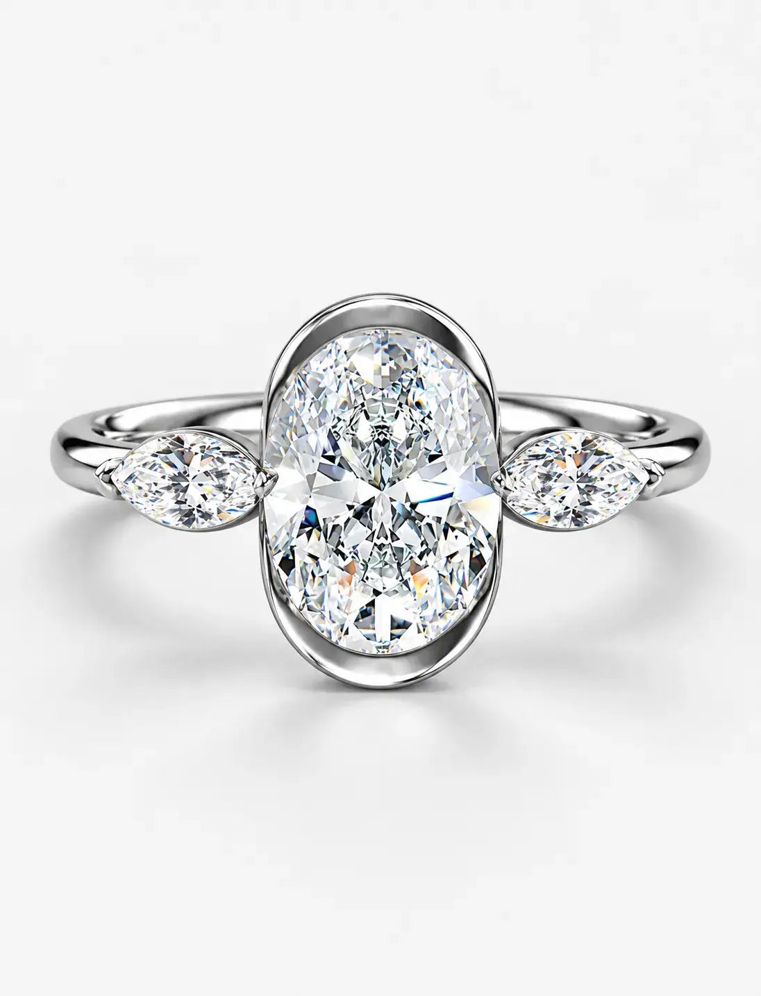 IGI Certified Lab Grown Oval Bezel Three-Stone Diamond Engagement Ring with Marquise Accents in Gold & Platinum