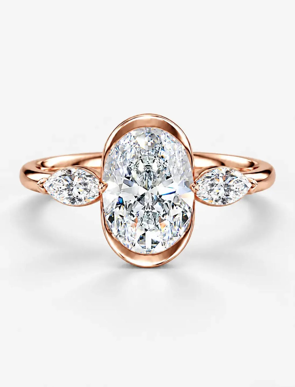 IGI Certified Lab Grown Oval Bezel Three-Stone Diamond Engagement Ring with Marquise Accents in Gold & Platinum