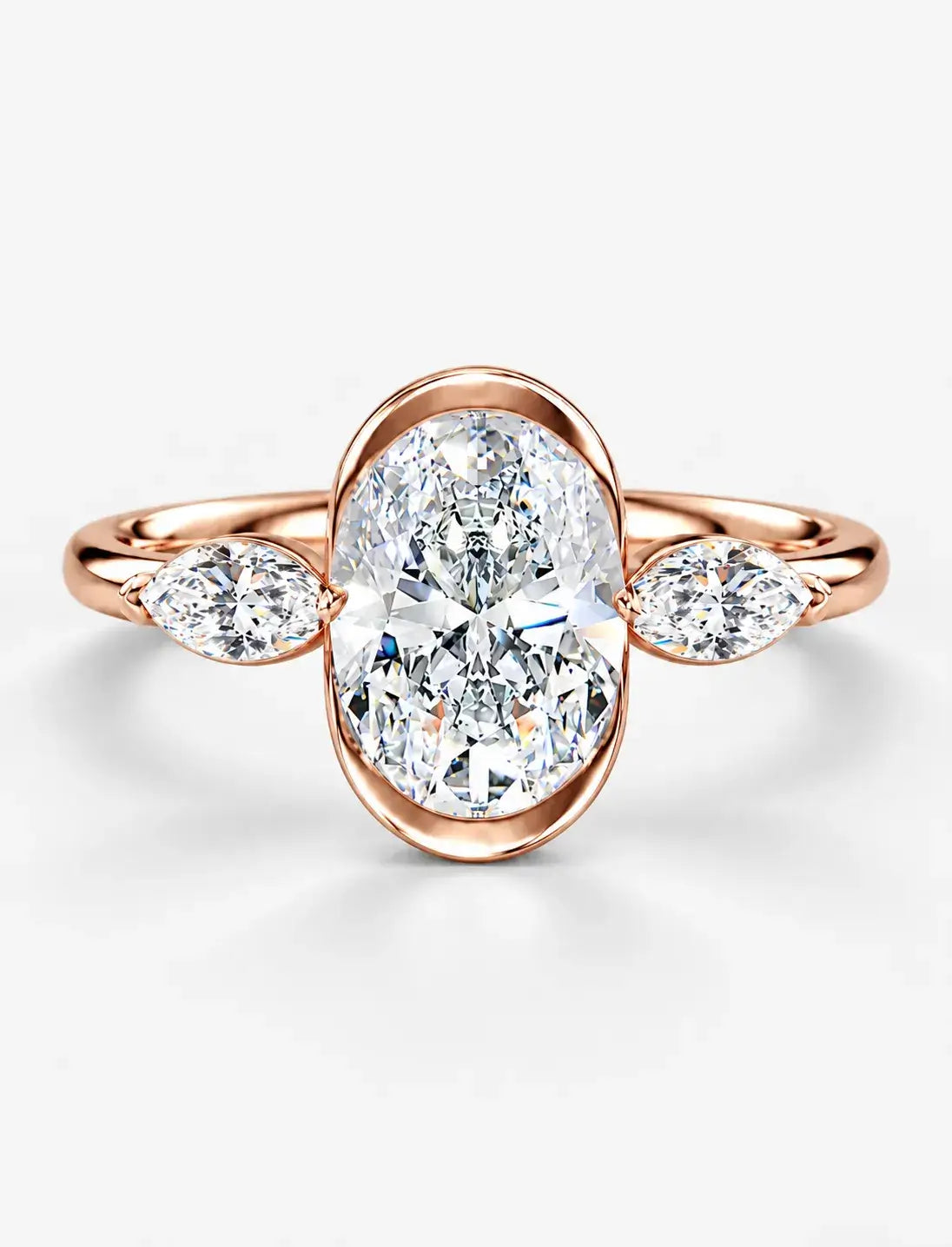 IGI Certified Lab Grown Oval Bezel Three-Stone Diamond Engagement Ring with Marquise Accents in Gold & Platinum