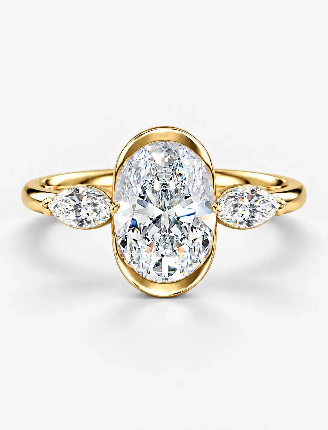 IGI Certified Lab Grown Oval Bezel Three-Stone Diamond Engagement Ring with Marquise Accents in Gold & Platinum