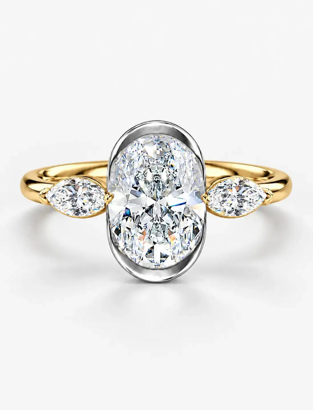 IGI Certified Lab Grown Oval Bezel Three-Stone Diamond Engagement Ring with Marquise Accents in Gold & Platinum
