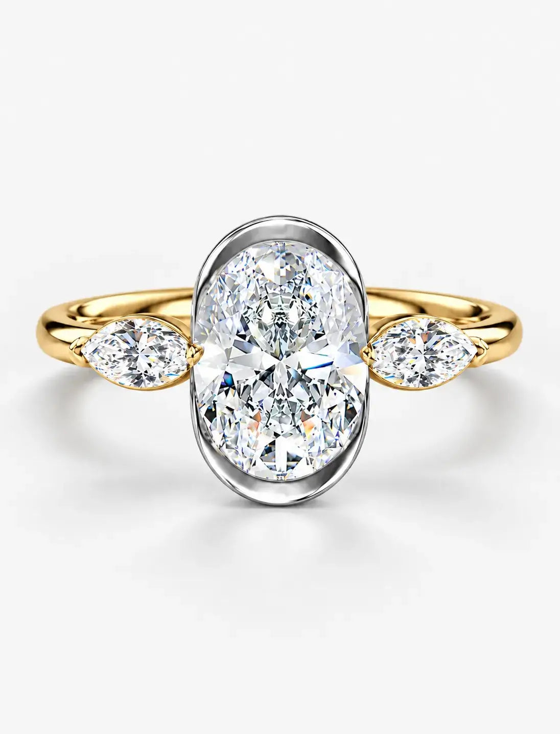 IGI Certified Lab Grown Oval Bezel Three-Stone Diamond Engagement Ring with Marquise Accents in Gold & Platinum