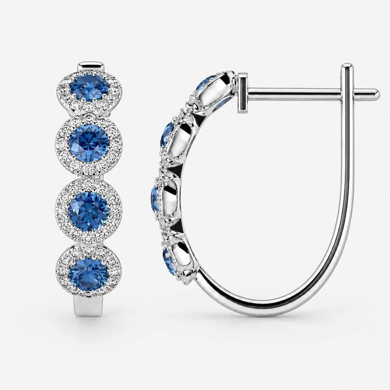 100% Natural Sapphire & Diamond Halo Hoop Earrings in White Gold