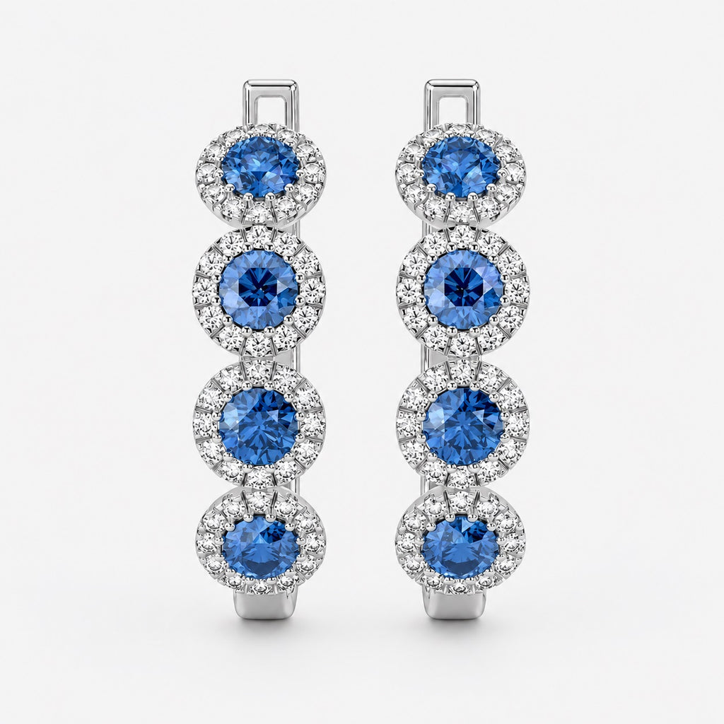 100% Natural Sapphire & Diamond Halo Hoop Earrings in White Gold