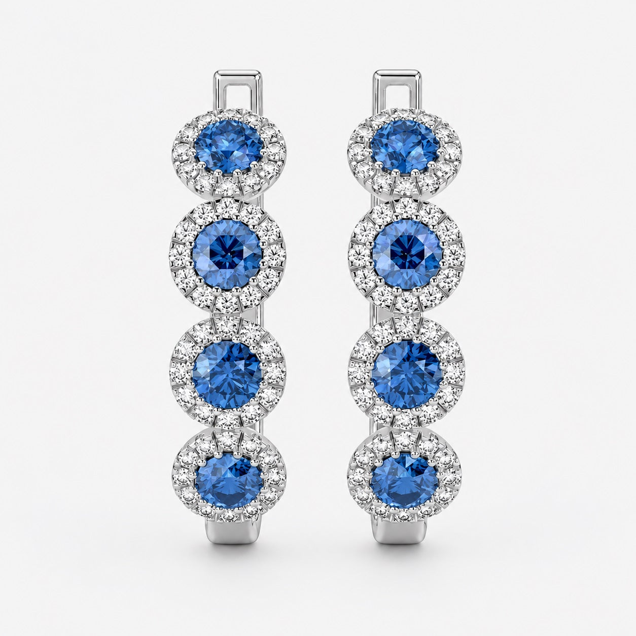 100% Natural Sapphire & Diamond Halo Hoop Earrings in White Gold