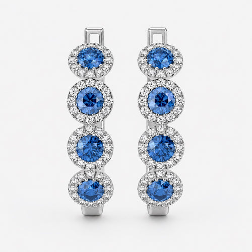 100% Natural Sapphire & Diamond Halo Hoop Earrings in White Gold