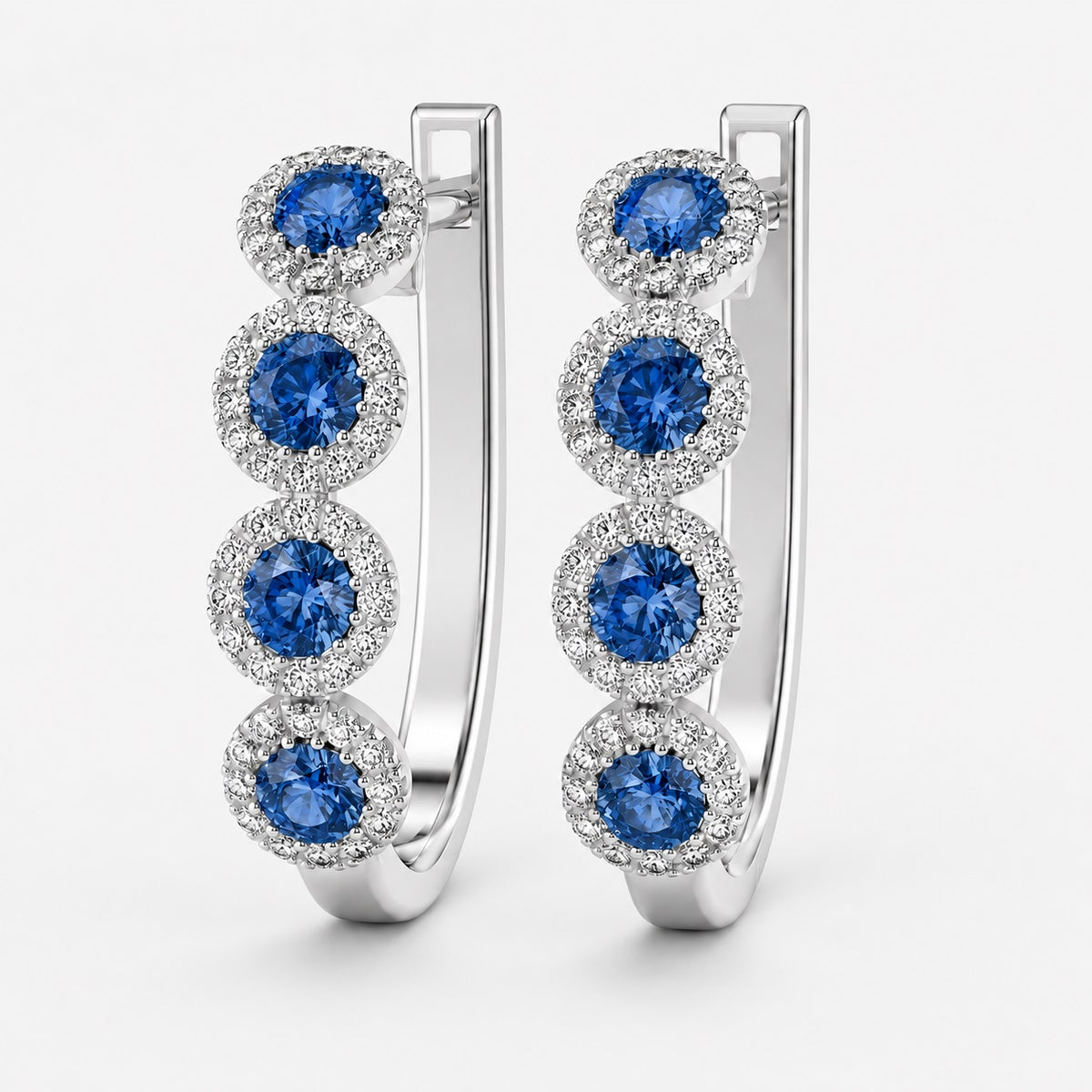 100% Natural Sapphire & Diamond Halo Hoop Earrings in White Gold