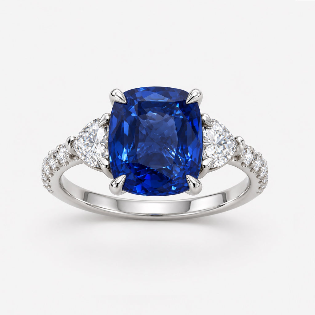 6.00ct Sapphire Cushion & Heart Shape Diamond Engagement Ring In 950 Platinum