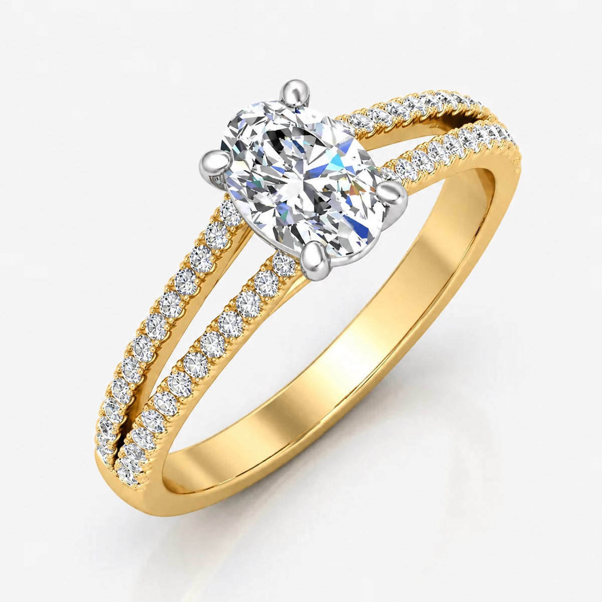 Two-tone gold and platinum oval diamond engagement ring with pavé split shank
