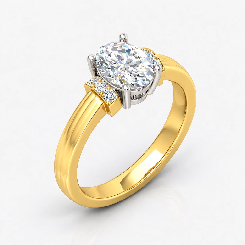 Two-tone gold and platinum oval diamond engagement ring with accent side stones