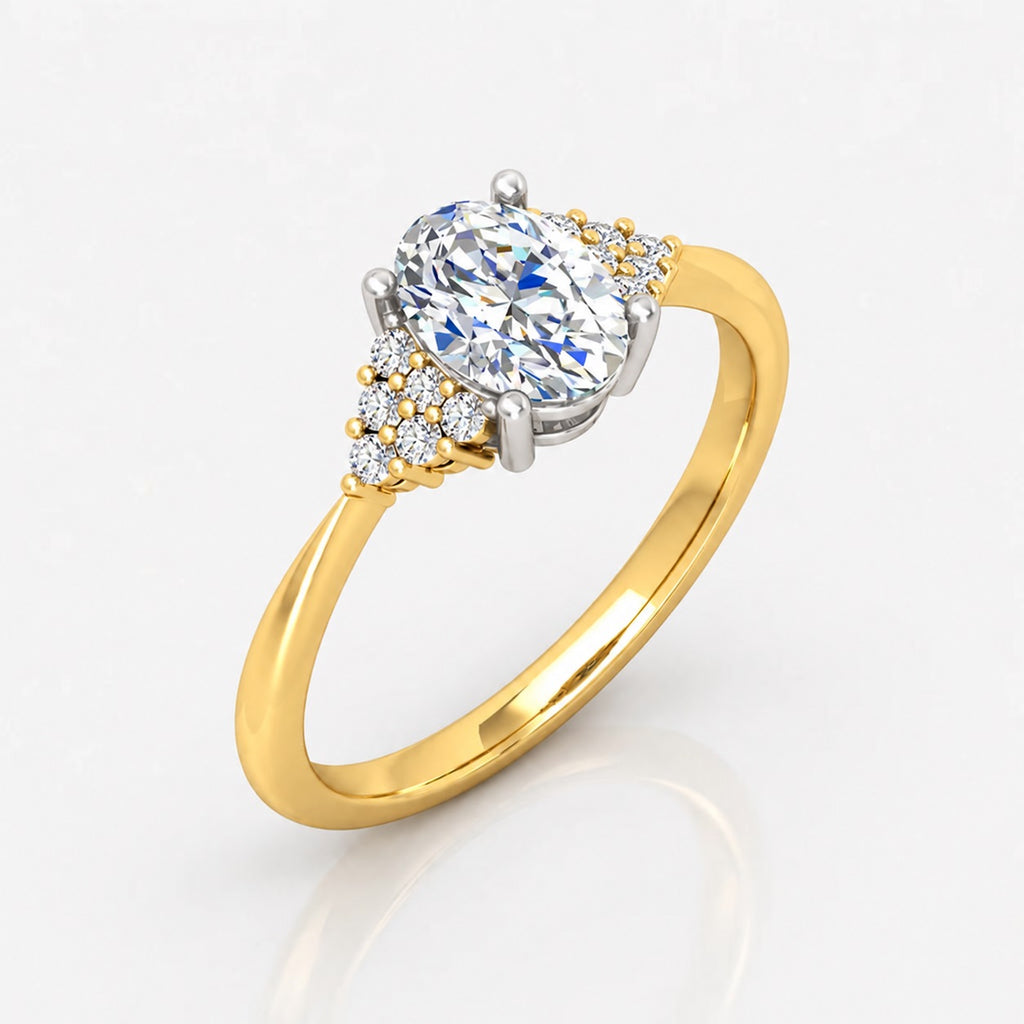 IGI Certified Oval-Cut Diamond Engagement Ring with Triangular Cluster Side Stones in Platinum & Gold