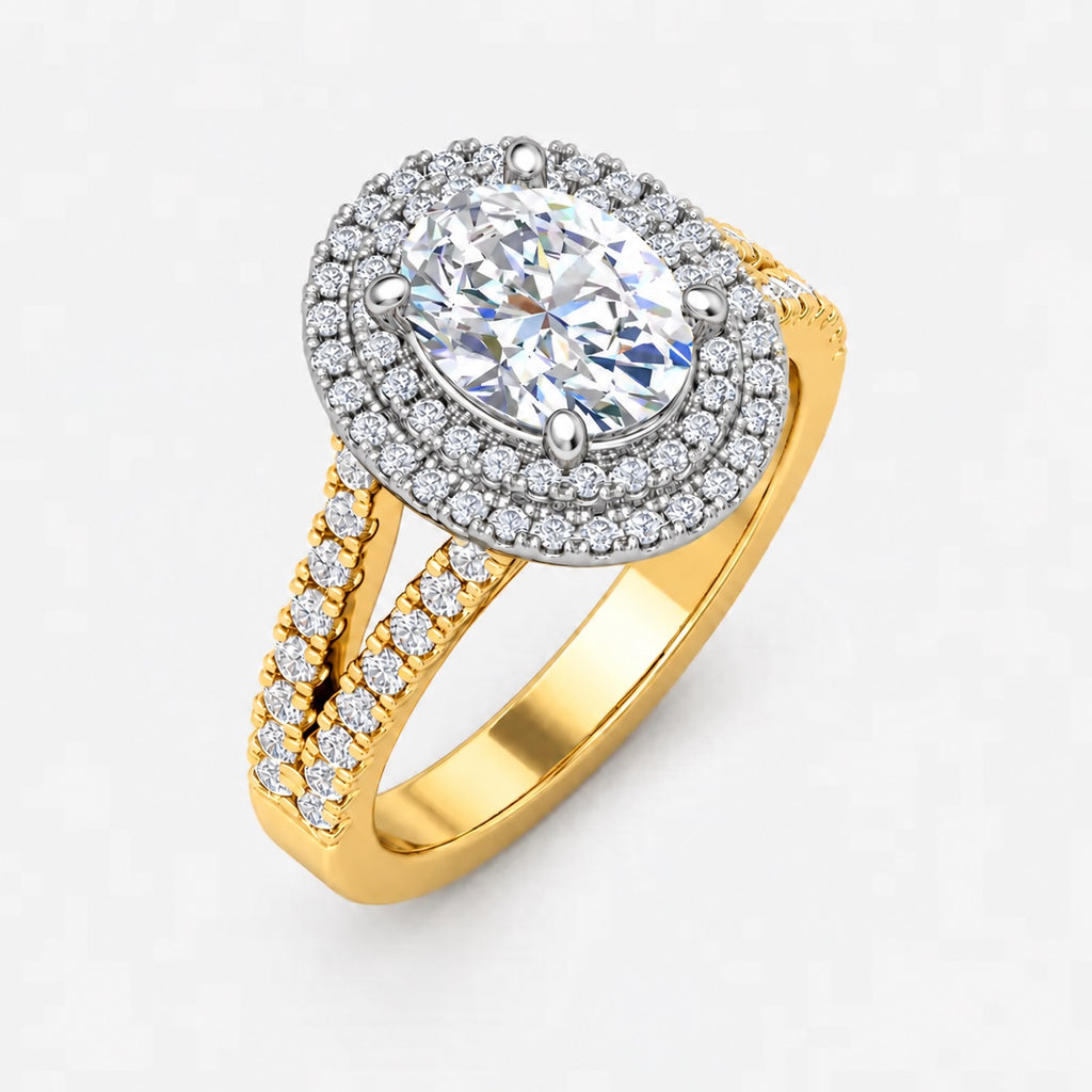 Two-tone gold and platinum oval-cut lab-grown diamond double halo engagement ring with pavé split shank
