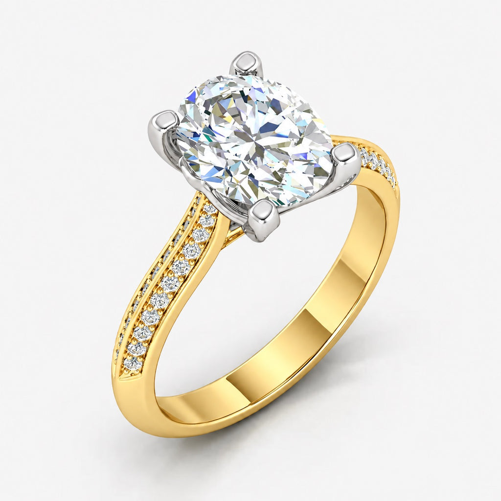 IGI Certified Oval-Cut Diamond Solitaire Engagement Ring with Pavé Band in Gold & Platinum