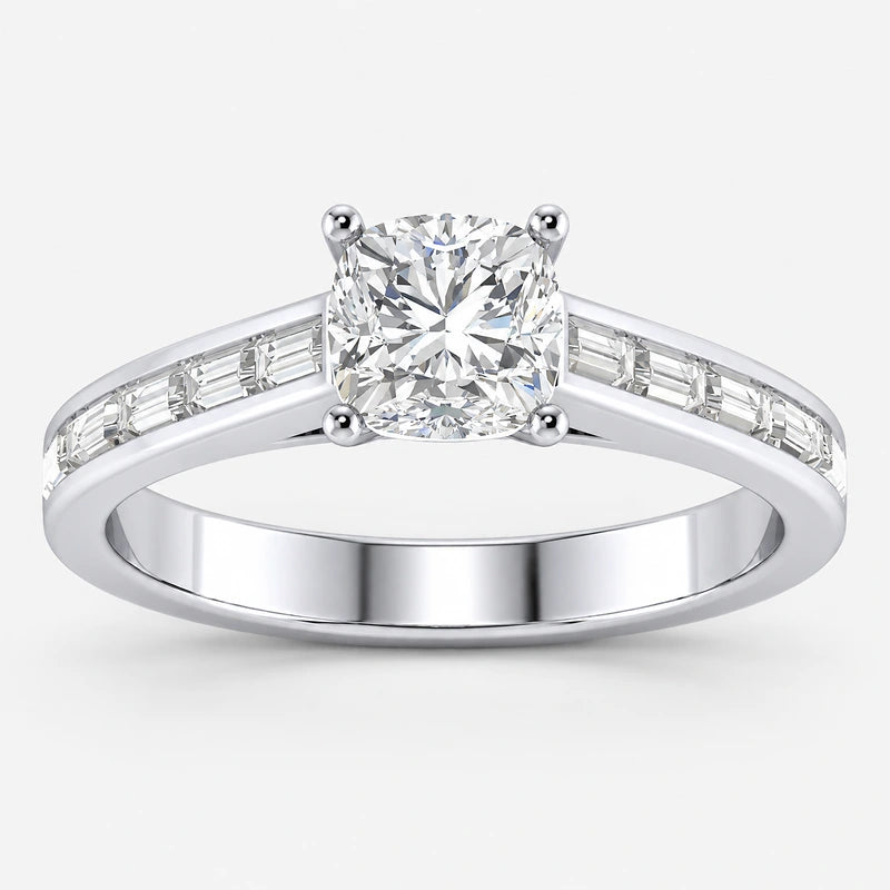 IGI Certified Lab Grown Classic Cushion-Cut Diamond Engagement Ring with Channel-Set Baguette Shank in Gold & Platinum – 1–4Ct