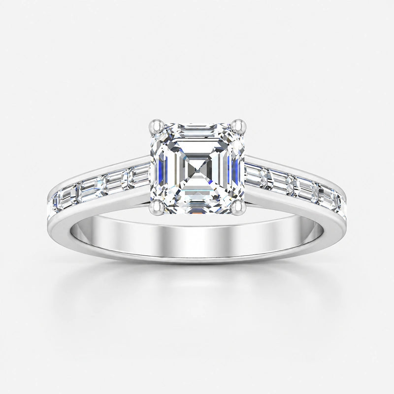 IGI Certified Lab Grown Asscher Cut & Baguette Cut Diamond Claw & Channel Set Engagement Ring in Gold & Platinum