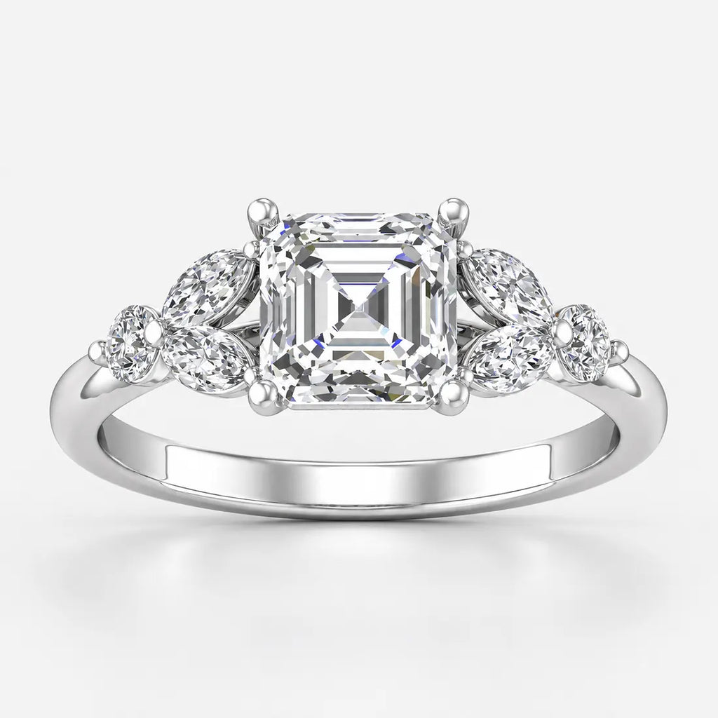 IGI Certified Lab Grown Classic Asscher Cut Diamond with Marquise & Round Halo Engagement Ring with Pavé Band in Gold & Platinum – 1–4Ct