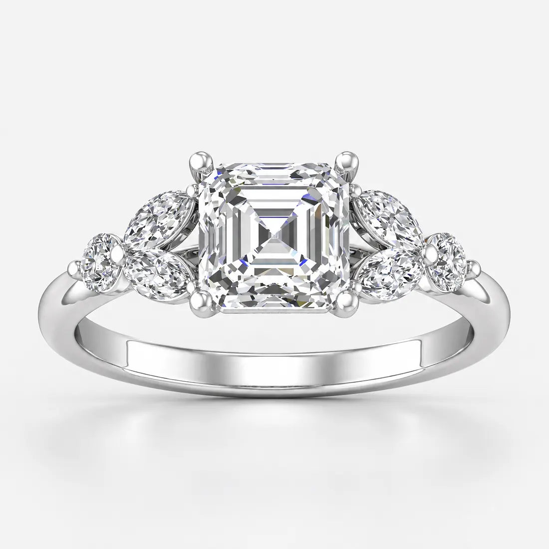 IGI Certified Lab Grown Classic Asscher Cut Diamond with Marquise & Round Halo Engagement Ring with Pavé Band in Gold & Platinum – 1–4Ct