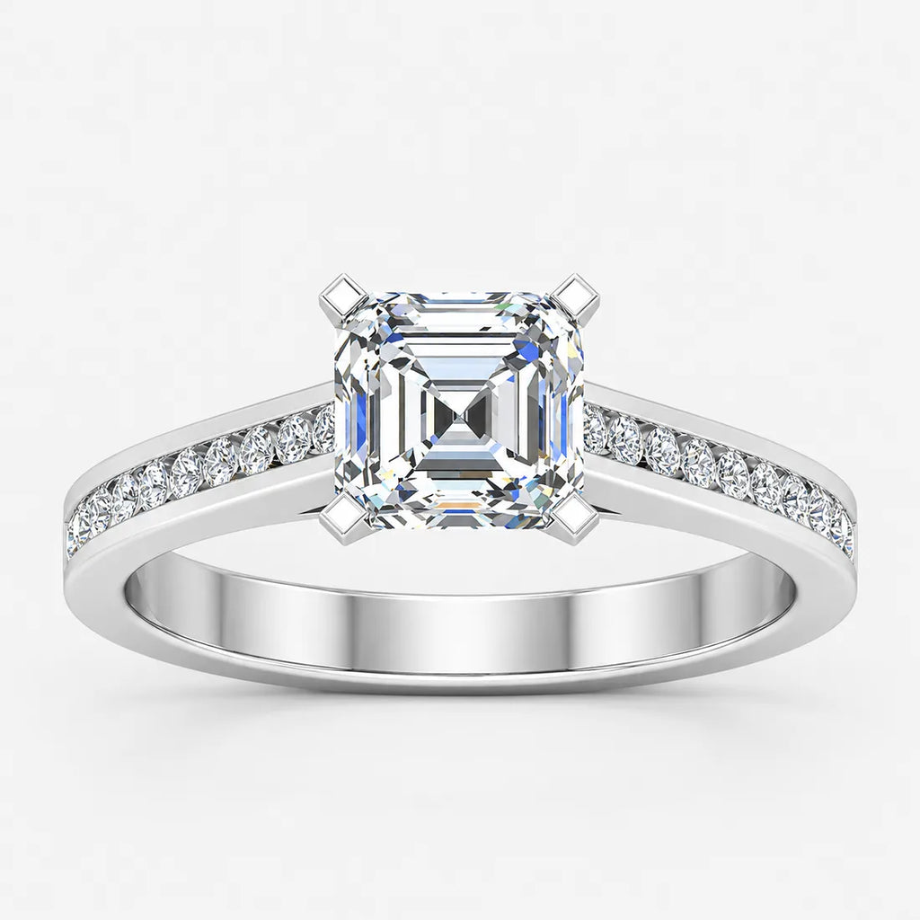 IGI Certified Lab Grown Classic Asscher-Cut Diamond with Round Channel-Set Engagement Ring in Gold & Platinum – 1–4Ct
