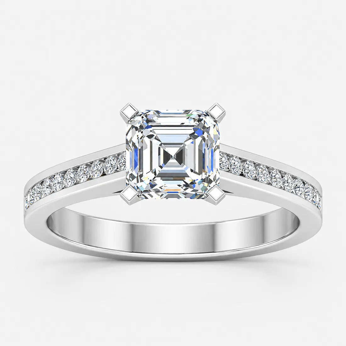 IGI Certified Lab Grown Classic Asscher-Cut Diamond with Round Channel-Set Engagement Ring in Gold & Platinum – 1–4Ct