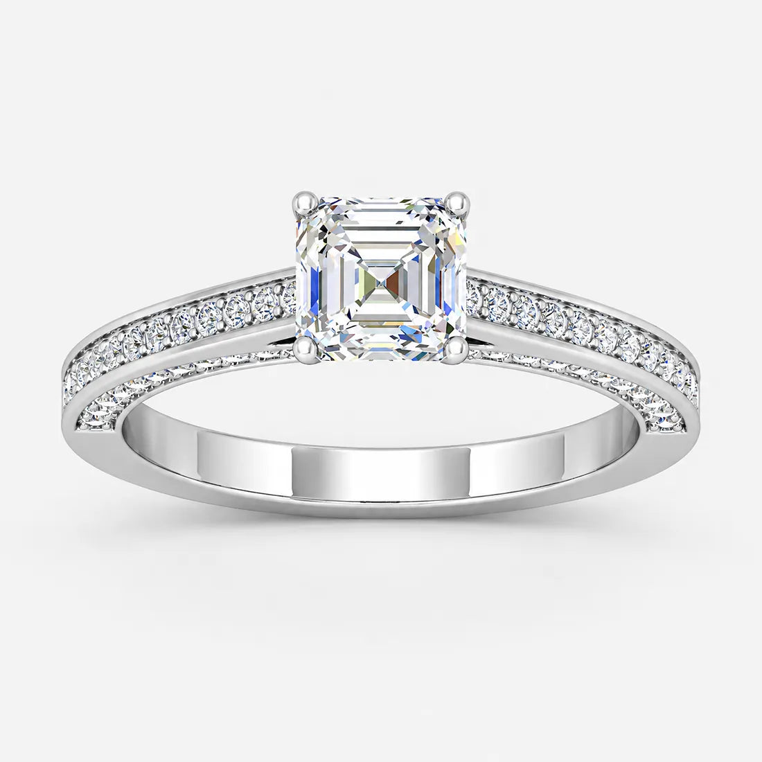 IGI Certified Lab Grown Classic Asscher-Cut Diamond with Round Pavé-Setting Engagement Ring in Gold & Platinum – 1–4Ct