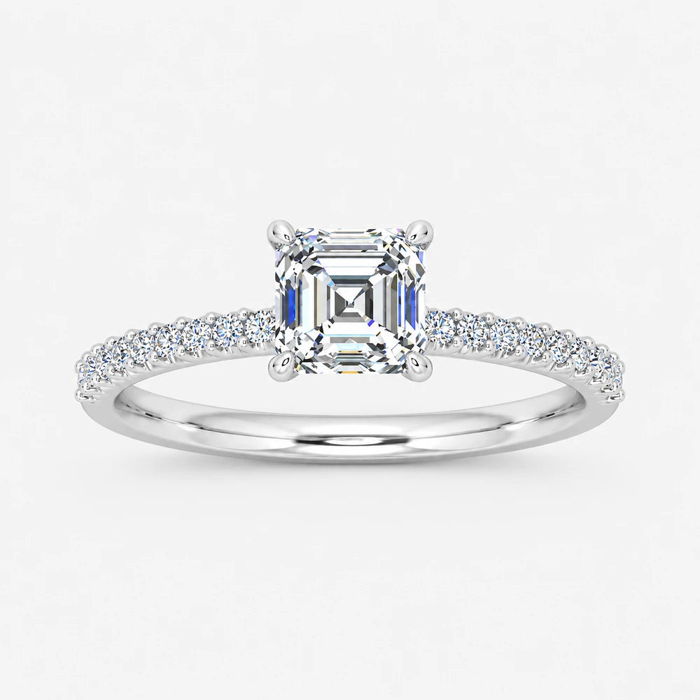 IGI Certified Lab Grown Asscher & Round Brilliant Cut Diamond Claw & Pave Set Engagement Ring in Gold & Platinum – 1–4Ct