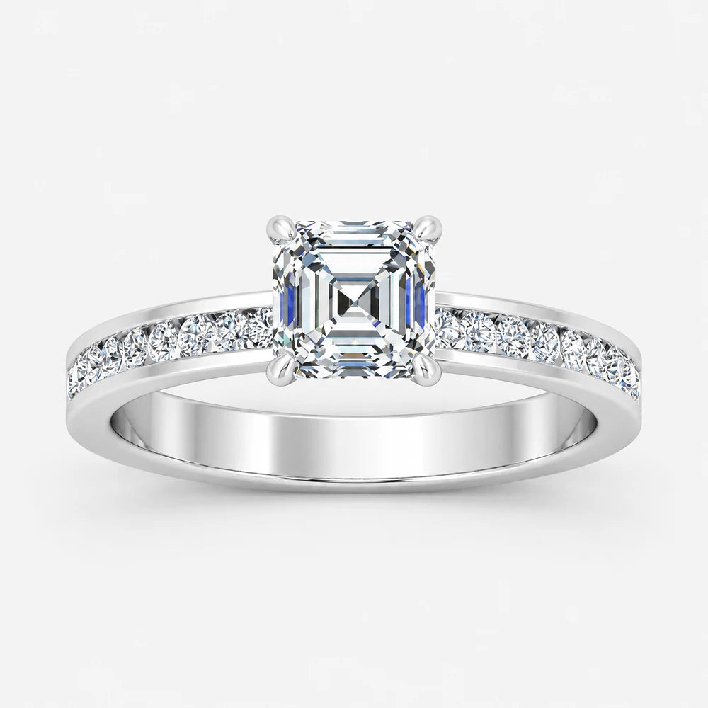 IGI Certified Lab Grown Four-Prong Asscher Cut Diamond Engagement Ring with Channel-Set Band in Gold & Platinum – 1–4Ct