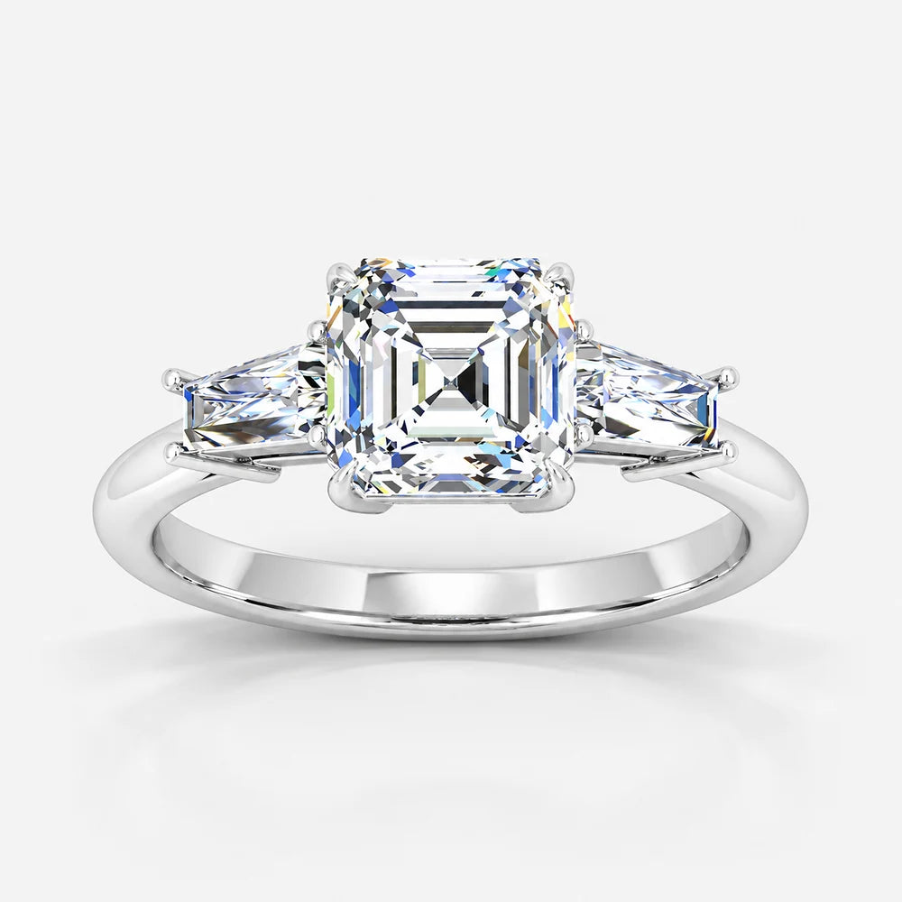 IGI Certified Lab Grown Asscher-Cut Diamond Three-Stone Engagement Ring with Tapered Baguette Side Stones in Gold & Platinum
