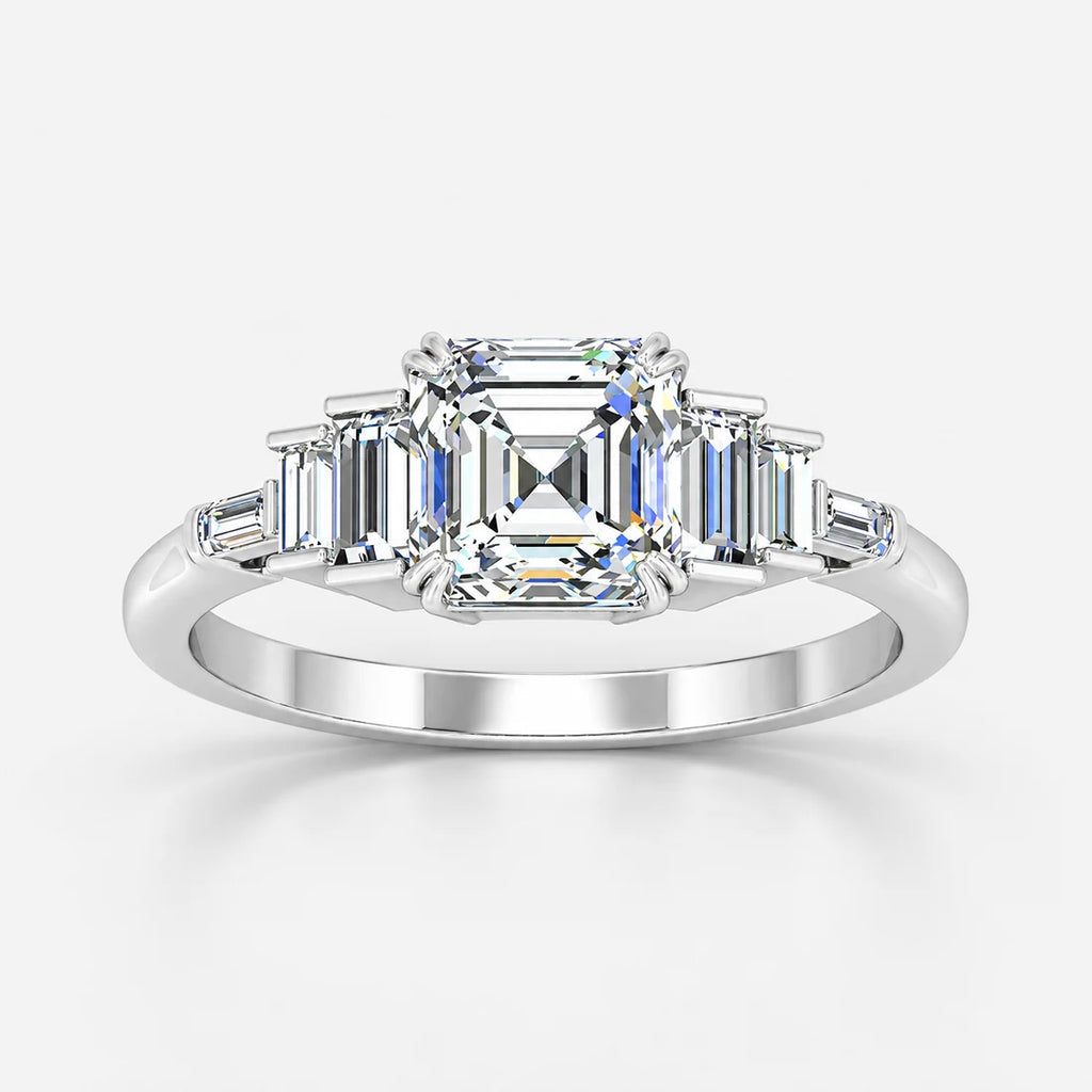 IGI Certified Lab-Grown Asscher-Cut Five-Stone Diamond Engagement Ring with Tapered Baguette Shoulders in Gold & Platinum