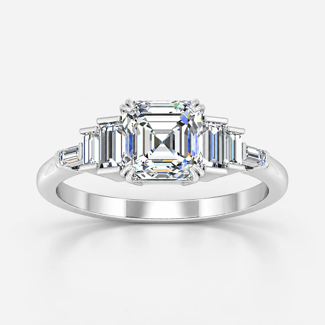 IGI Certified Lab-Grown Asscher-Cut Five-Stone Diamond Engagement Ring with Tapered Baguette Shoulders in Gold & Platinum