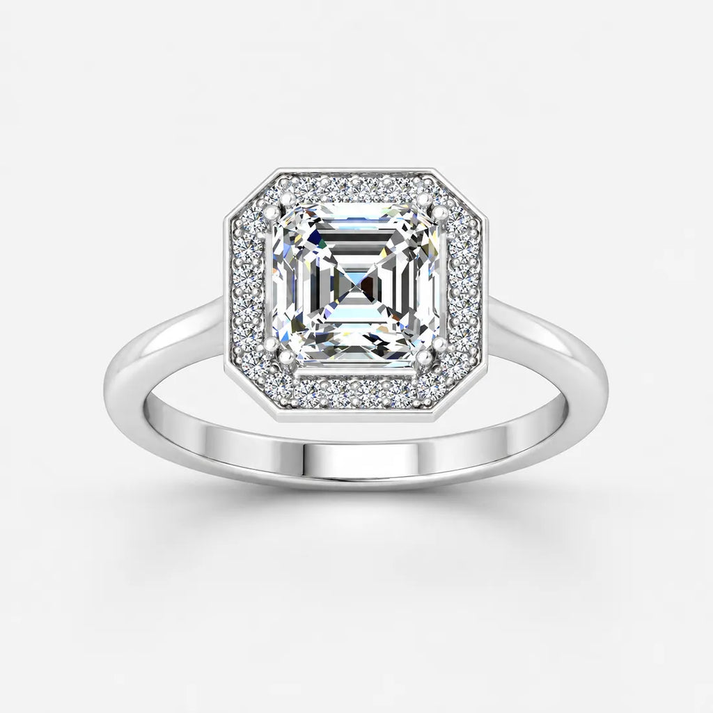 IGI Certified Lab Grown Asscher Cut Diamond with Round Halo Engagement Ring in Gold & Platinum