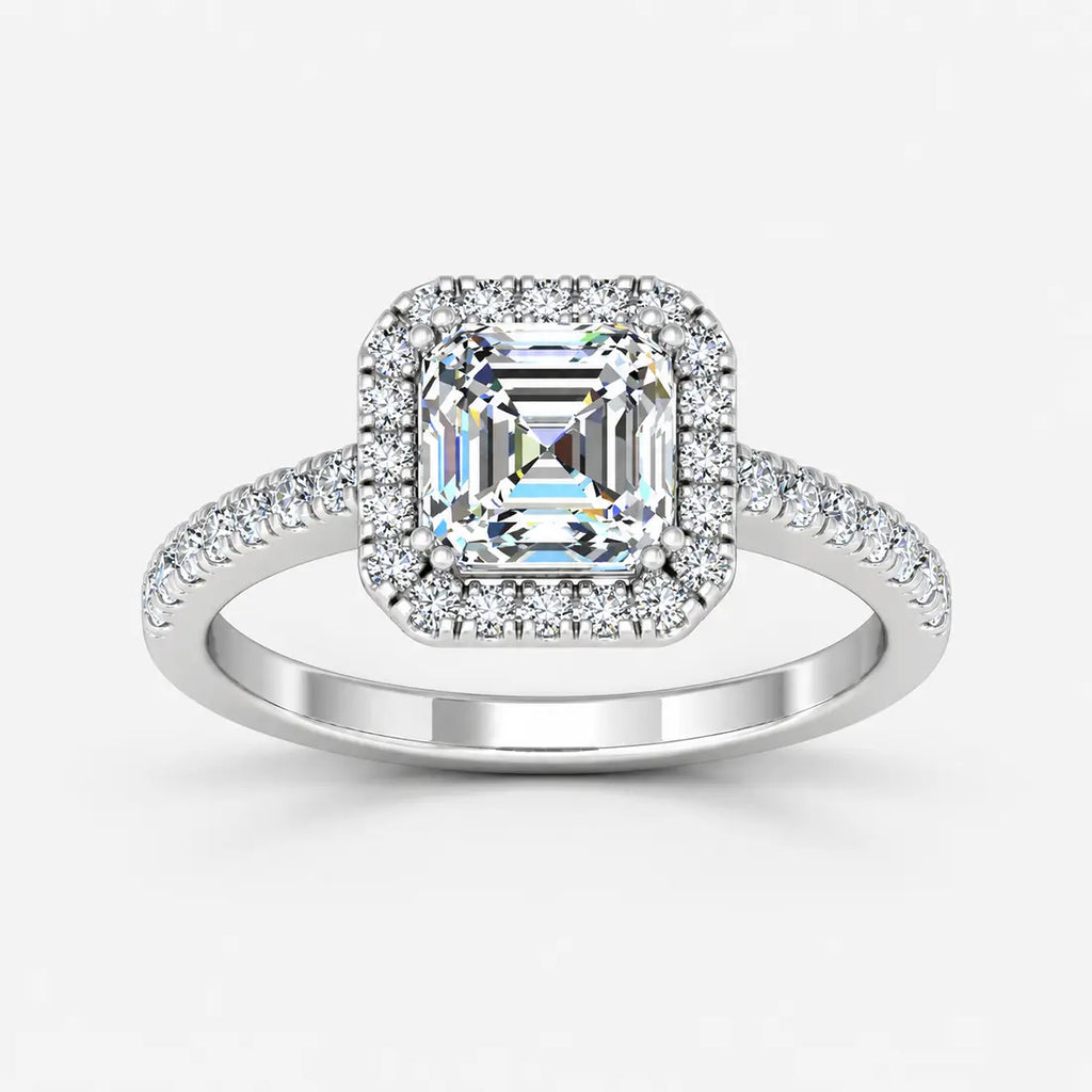 IGI Certified Lab Grown Asscher Cut Diamond Halo Engagement Ring with Pavé Band in Gold & Platinum