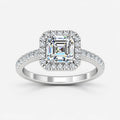IGI Certified Lab Grown Asscher Cut Diamond Halo Engagement Ring with Pavé Band in Gold & Platinum