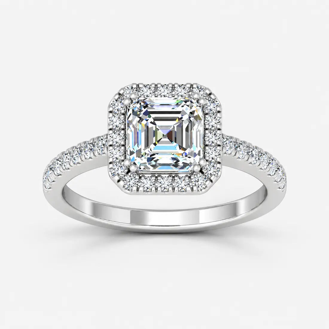 IGI Certified Lab Grown Asscher Cut Diamond Halo Engagement Ring with Pavé Band in Gold & Platinum