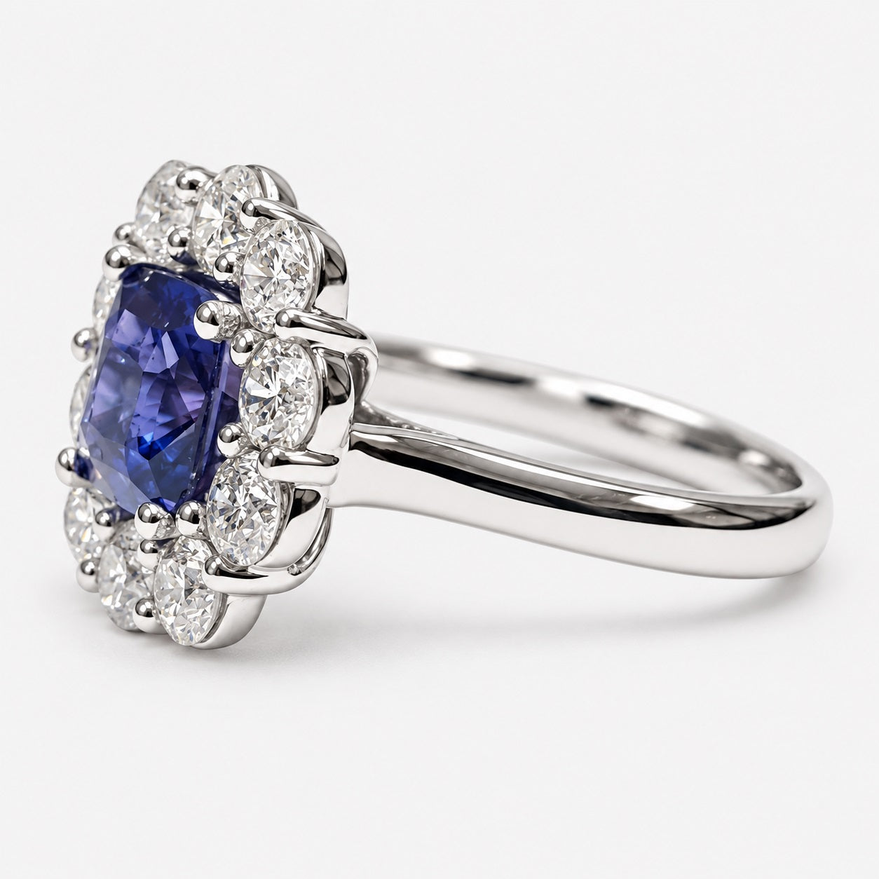 2.10ct Sapphire Cushion Cut And 1.90ct Side Diamond Cluster Ring Gold & Platinum