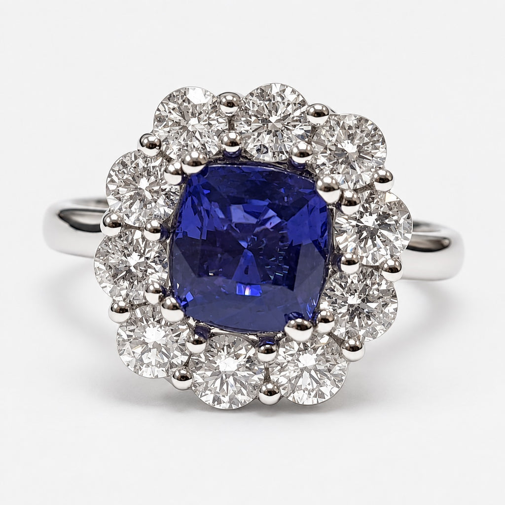 2.10ct Sapphire Cushion Cut And 1.90ct Side Diamond Cluster Ring Gold & Platinum